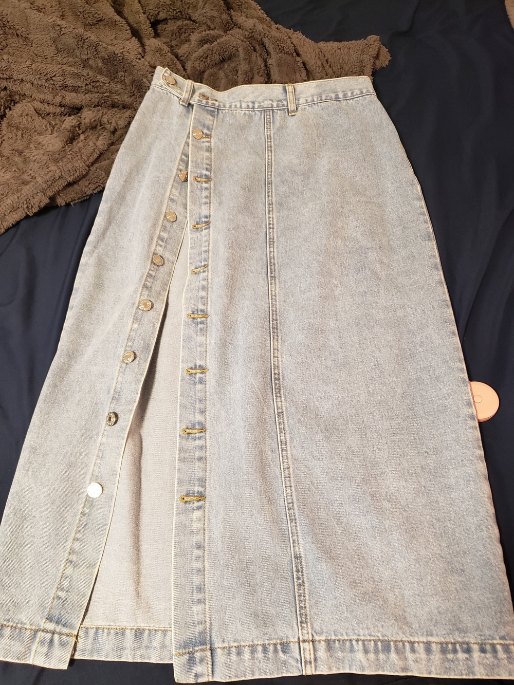 Light Blue Button-Front Midi Denim Skirt